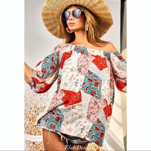 New!Clearance 🔥Boho Floral Patchwork Woven Off Shoulder Ballon Sleeve Soft Top - Picture 16 of 16